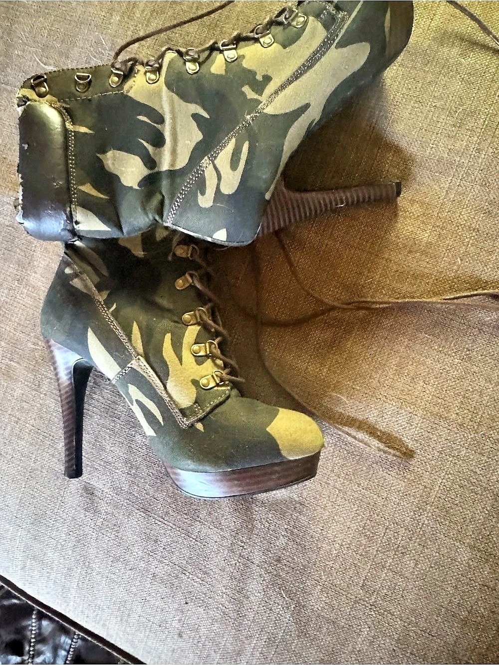 Camo Lace-Up Heeled Ankle Boots